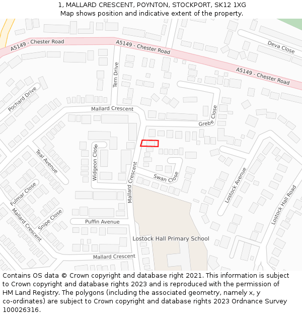 1, MALLARD CRESCENT, POYNTON, STOCKPORT, SK12 1XG: Location map and indicative extent of plot