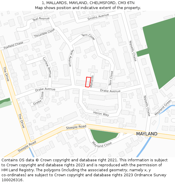 1, MALLARDS, MAYLAND, CHELMSFORD, CM3 6TN: Location map and indicative extent of plot