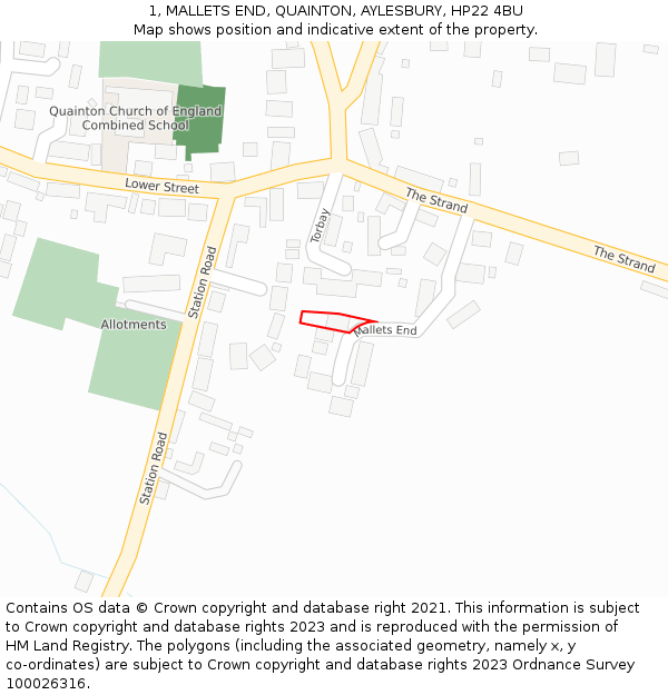 1, MALLETS END, QUAINTON, AYLESBURY, HP22 4BU: Location map and indicative extent of plot