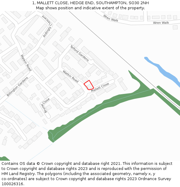 1, MALLETT CLOSE, HEDGE END, SOUTHAMPTON, SO30 2NH: Location map and indicative extent of plot