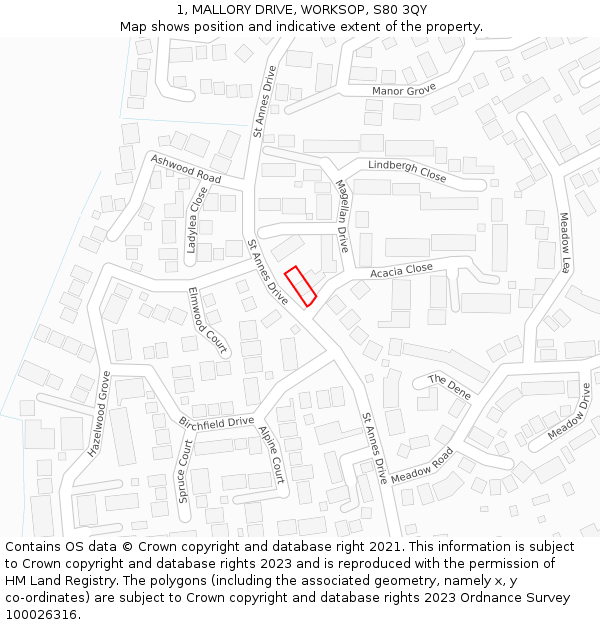 1, MALLORY DRIVE, WORKSOP, S80 3QY: Location map and indicative extent of plot