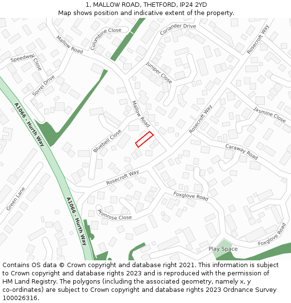 1, MALLOW ROAD, THETFORD, IP24 2YD: Location map and indicative extent of plot