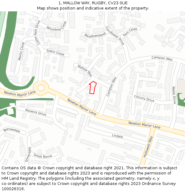 1, MALLOW WAY, RUGBY, CV23 0UE: Location map and indicative extent of plot
