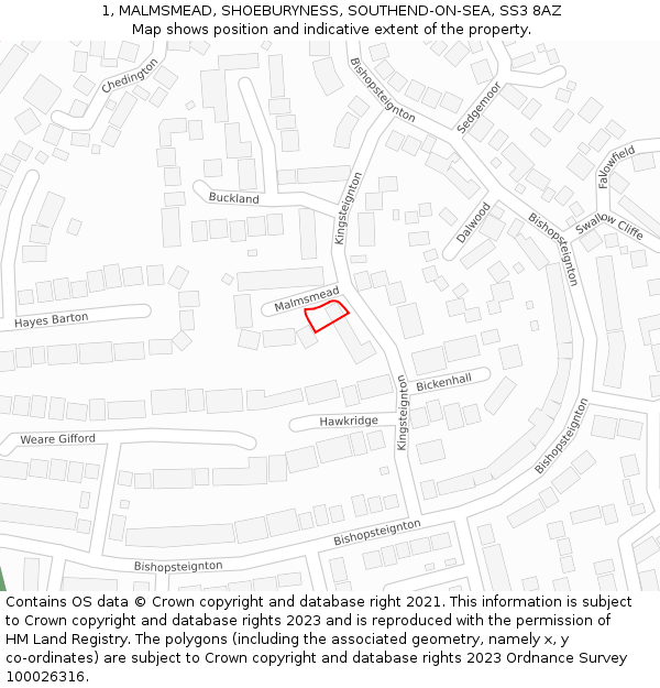 1, MALMSMEAD, SHOEBURYNESS, SOUTHEND-ON-SEA, SS3 8AZ: Location map and indicative extent of plot