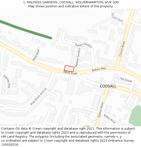 1, MALPASS GARDENS, CODSALL, WOLVERHAMPTON, WV8 1DD: Location map and indicative extent of plot