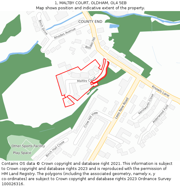 1, MALTBY COURT, OLDHAM, OL4 5EB: Location map and indicative extent of plot