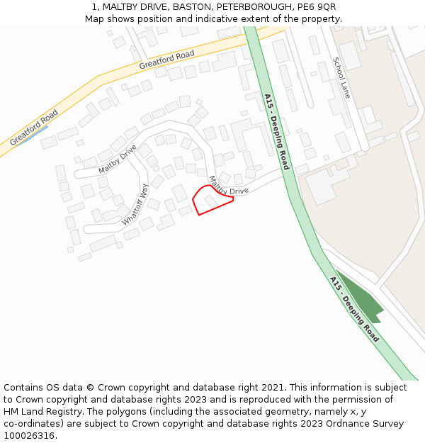 1, MALTBY DRIVE, BASTON, PETERBOROUGH, PE6 9QR: Location map and indicative extent of plot