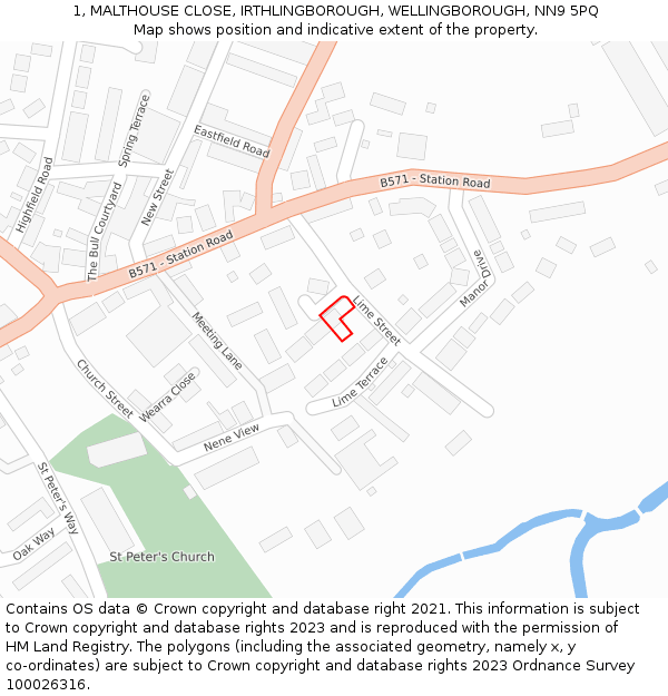 1, MALTHOUSE CLOSE, IRTHLINGBOROUGH, WELLINGBOROUGH, NN9 5PQ: Location map and indicative extent of plot