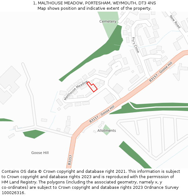 1, MALTHOUSE MEADOW, PORTESHAM, WEYMOUTH, DT3 4NS: Location map and indicative extent of plot