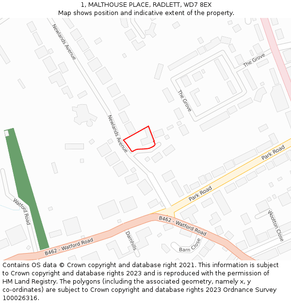 1, MALTHOUSE PLACE, RADLETT, WD7 8EX: Location map and indicative extent of plot