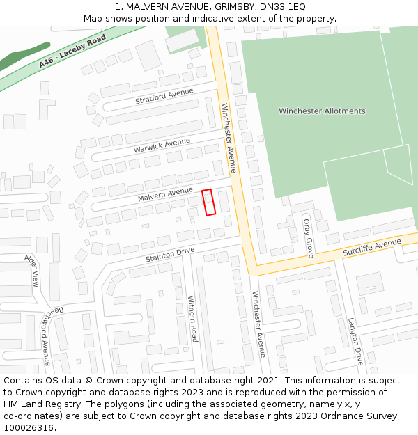 1, MALVERN AVENUE, GRIMSBY, DN33 1EQ: Location map and indicative extent of plot