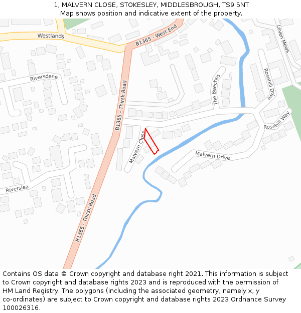 1, MALVERN CLOSE, STOKESLEY, MIDDLESBROUGH, TS9 5NT: Location map and indicative extent of plot