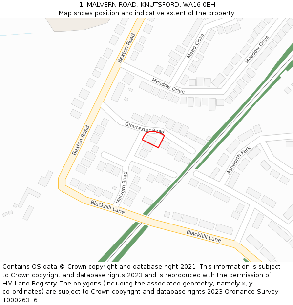 1, MALVERN ROAD, KNUTSFORD, WA16 0EH: Location map and indicative extent of plot