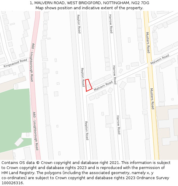 1, MALVERN ROAD, WEST BRIDGFORD, NOTTINGHAM, NG2 7DG: Location map and indicative extent of plot