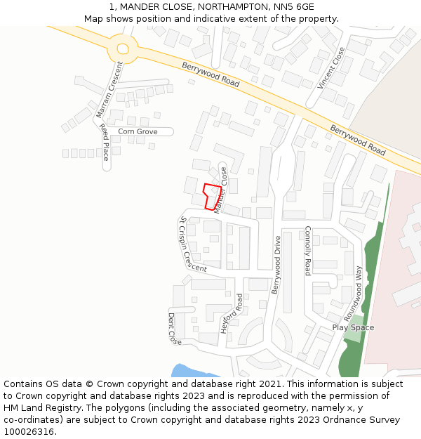1, MANDER CLOSE, NORTHAMPTON, NN5 6GE: Location map and indicative extent of plot