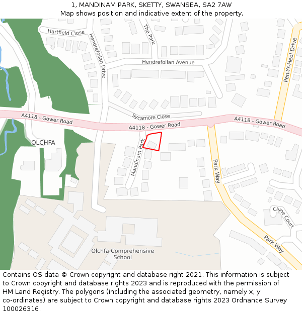 1, MANDINAM PARK, SKETTY, SWANSEA, SA2 7AW: Location map and indicative extent of plot