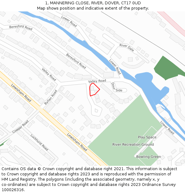 1, MANNERING CLOSE, RIVER, DOVER, CT17 0UD: Location map and indicative extent of plot