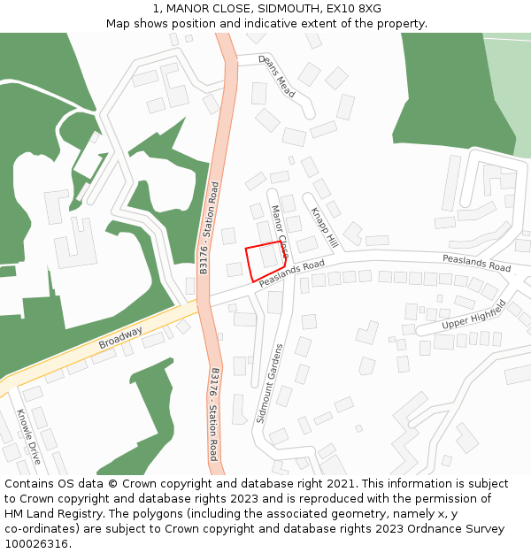 1, MANOR CLOSE, SIDMOUTH, EX10 8XG: Location map and indicative extent of plot