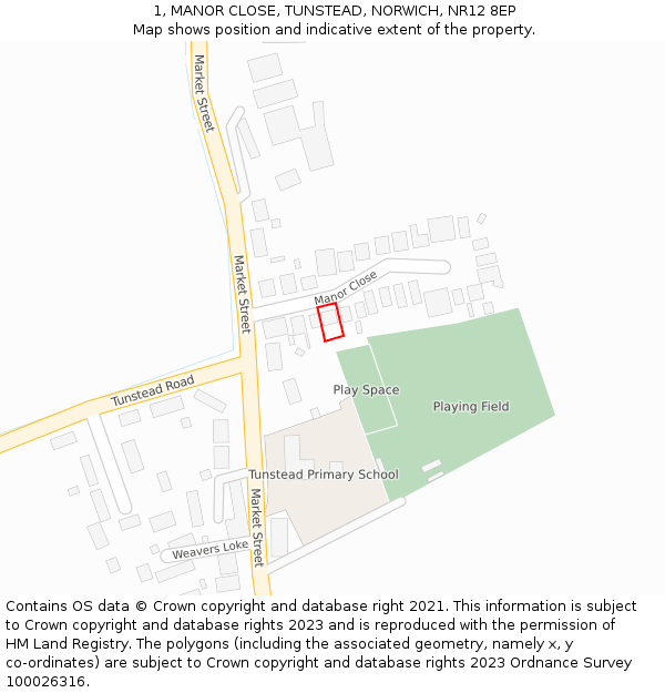 1, MANOR CLOSE, TUNSTEAD, NORWICH, NR12 8EP: Location map and indicative extent of plot