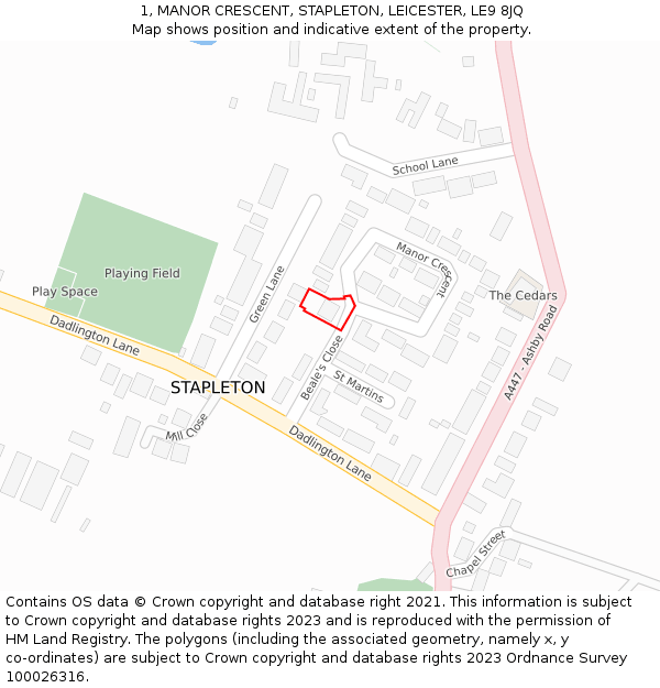 1, MANOR CRESCENT, STAPLETON, LEICESTER, LE9 8JQ: Location map and indicative extent of plot