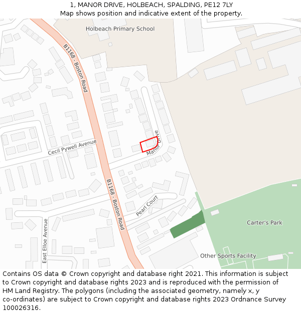 1, MANOR DRIVE, HOLBEACH, SPALDING, PE12 7LY: Location map and indicative extent of plot