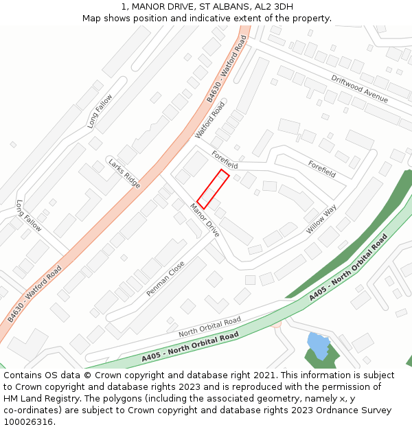 1, MANOR DRIVE, ST ALBANS, AL2 3DH: Location map and indicative extent of plot