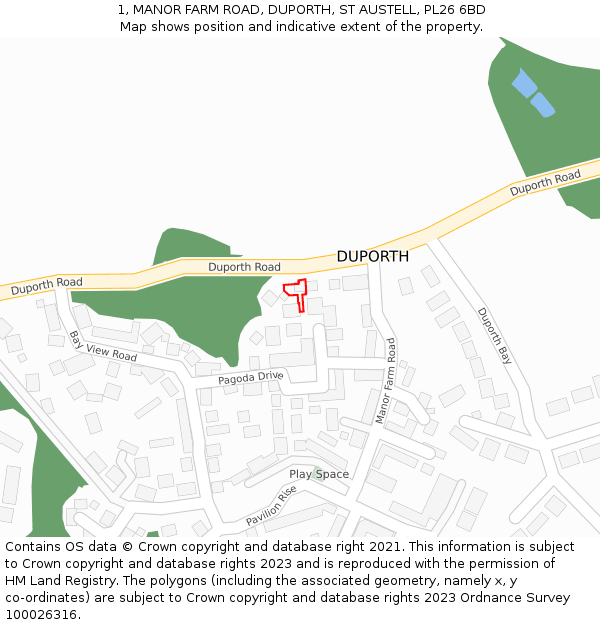 1, MANOR FARM ROAD, DUPORTH, ST AUSTELL, PL26 6BD: Location map and indicative extent of plot