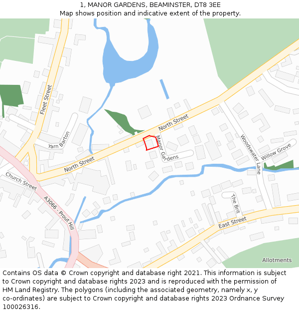 1, MANOR GARDENS, BEAMINSTER, DT8 3EE: Location map and indicative extent of plot