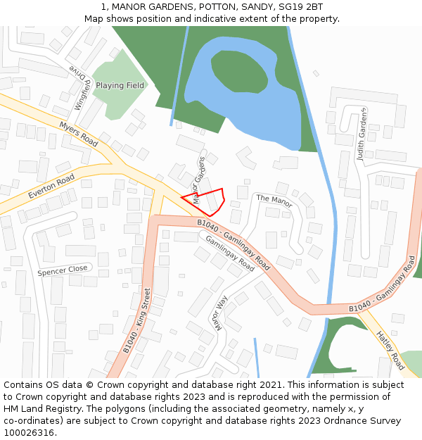 1, MANOR GARDENS, POTTON, SANDY, SG19 2BT: Location map and indicative extent of plot