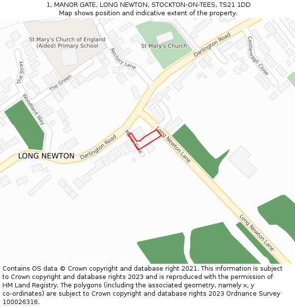 1, MANOR GATE, LONG NEWTON, STOCKTON-ON-TEES, TS21 1DD: Location map and indicative extent of plot