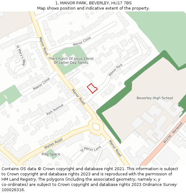 1, MANOR PARK, BEVERLEY, HU17 7BS: Location map and indicative extent of plot