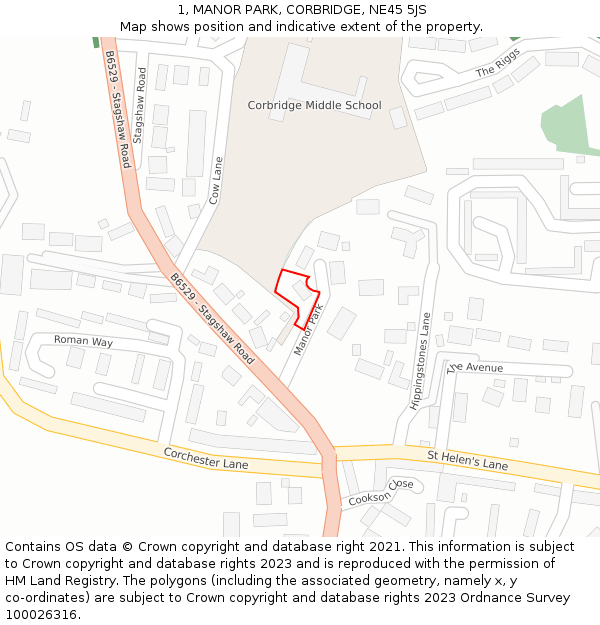 1, MANOR PARK, CORBRIDGE, NE45 5JS: Location map and indicative extent of plot