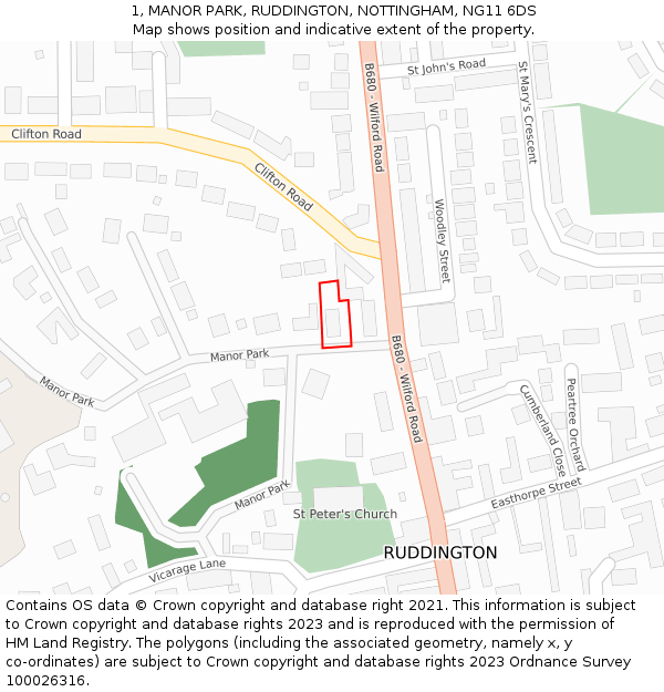 1, MANOR PARK, RUDDINGTON, NOTTINGHAM, NG11 6DS: Location map and indicative extent of plot