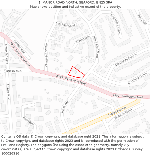 1, MANOR ROAD NORTH, SEAFORD, BN25 3RA: Location map and indicative extent of plot