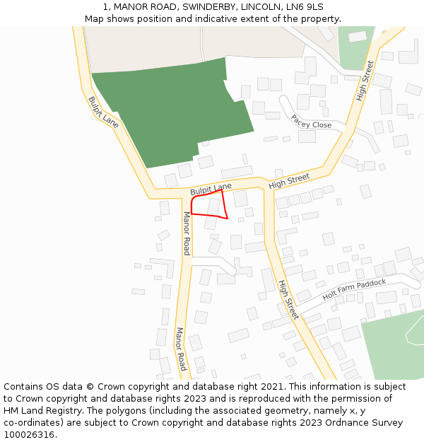 1, MANOR ROAD, SWINDERBY, LINCOLN, LN6 9LS: Location map and indicative extent of plot