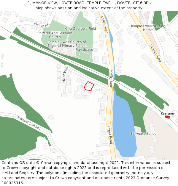 1, MANOR VIEW, LOWER ROAD, TEMPLE EWELL, DOVER, CT16 3PU: Location map and indicative extent of plot