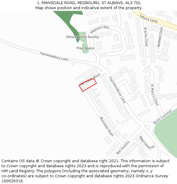 1, MANSDALE ROAD, REDBOURN, ST ALBANS, AL3 7DL: Location map and indicative extent of plot