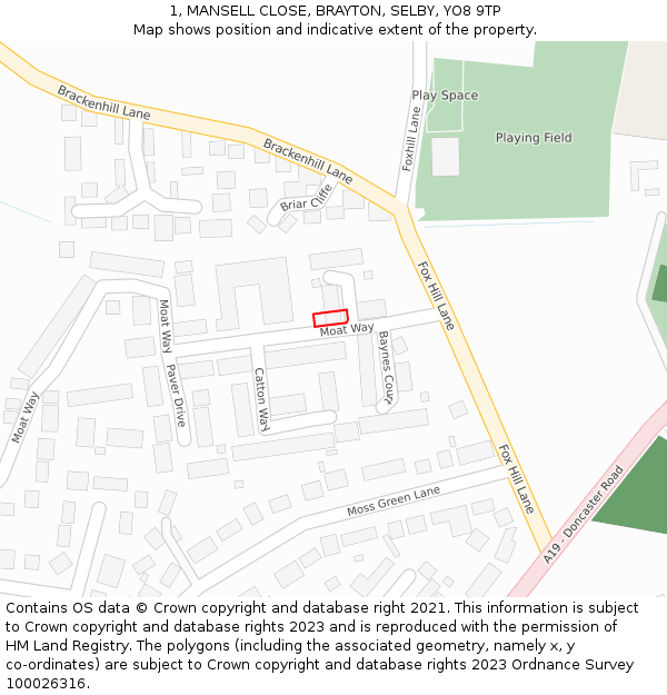 1, MANSELL CLOSE, BRAYTON, SELBY, YO8 9TP: Location map and indicative extent of plot