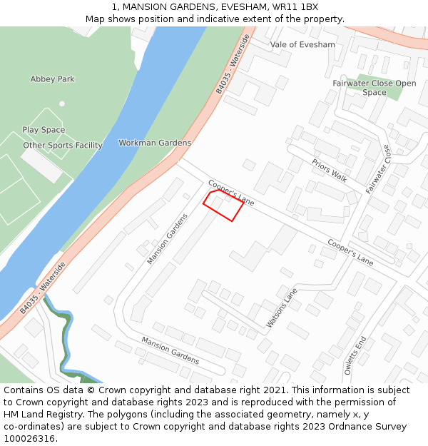 1, MANSION GARDENS, EVESHAM, WR11 1BX: Location map and indicative extent of plot
