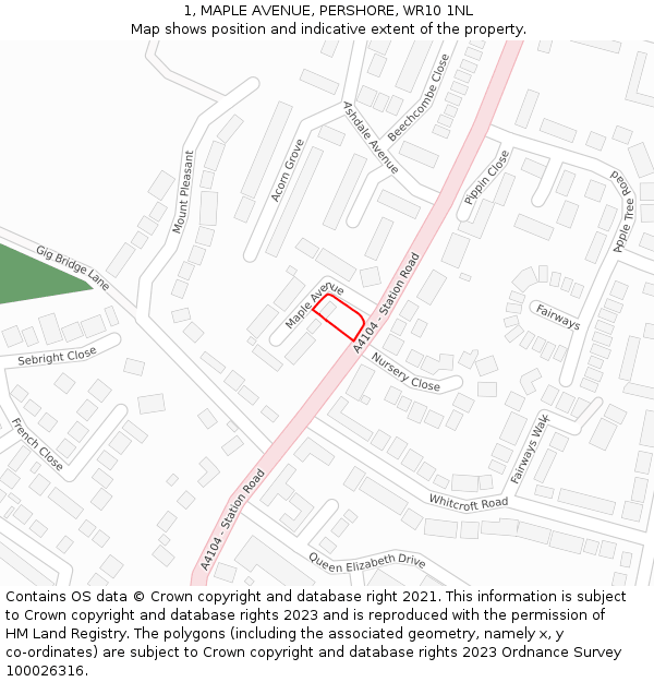 1, MAPLE AVENUE, PERSHORE, WR10 1NL: Location map and indicative extent of plot