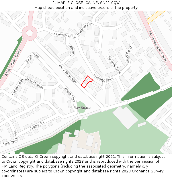 1, MAPLE CLOSE, CALNE, SN11 0QW: Location map and indicative extent of plot