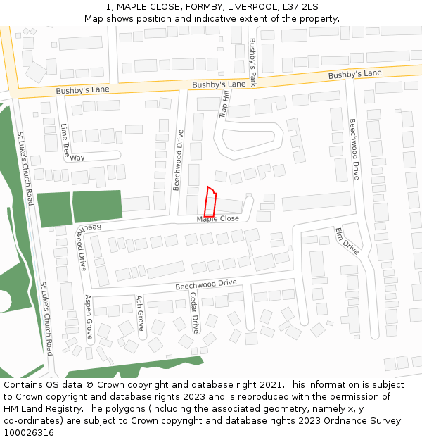 1, MAPLE CLOSE, FORMBY, LIVERPOOL, L37 2LS: Location map and indicative extent of plot