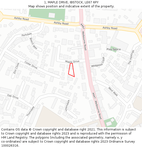 1, MAPLE DRIVE, IBSTOCK, LE67 6PY: Location map and indicative extent of plot