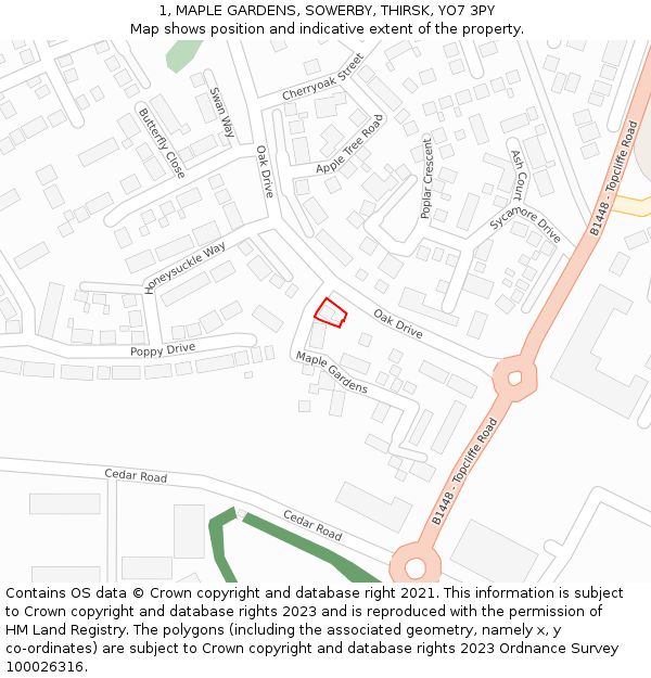 1, MAPLE GARDENS, SOWERBY, THIRSK, YO7 3PY: Location map and indicative extent of plot