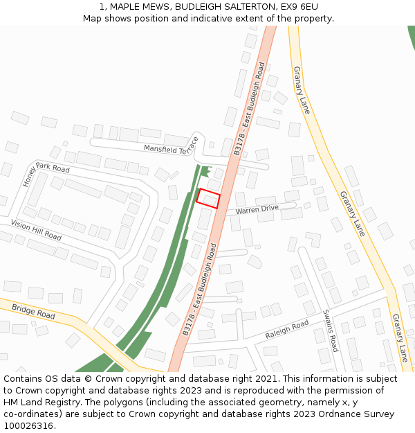 1, MAPLE MEWS, BUDLEIGH SALTERTON, EX9 6EU: Location map and indicative extent of plot