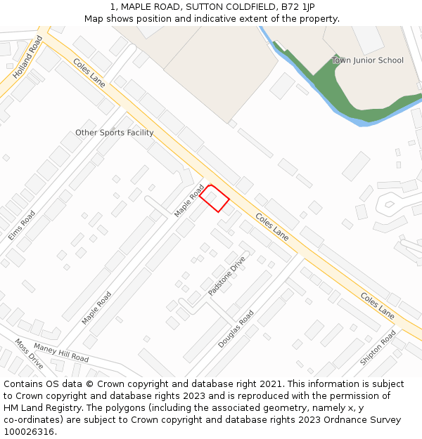 1, MAPLE ROAD, SUTTON COLDFIELD, B72 1JP: Location map and indicative extent of plot