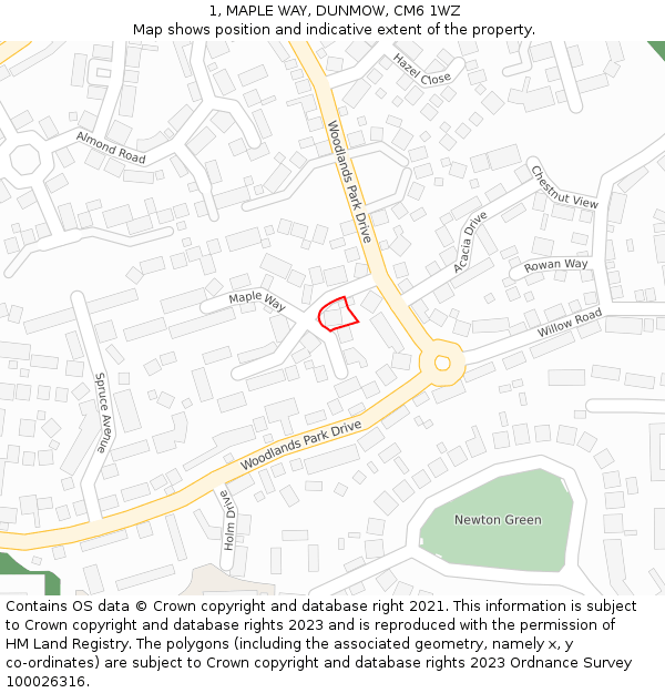 1, MAPLE WAY, DUNMOW, CM6 1WZ: Location map and indicative extent of plot