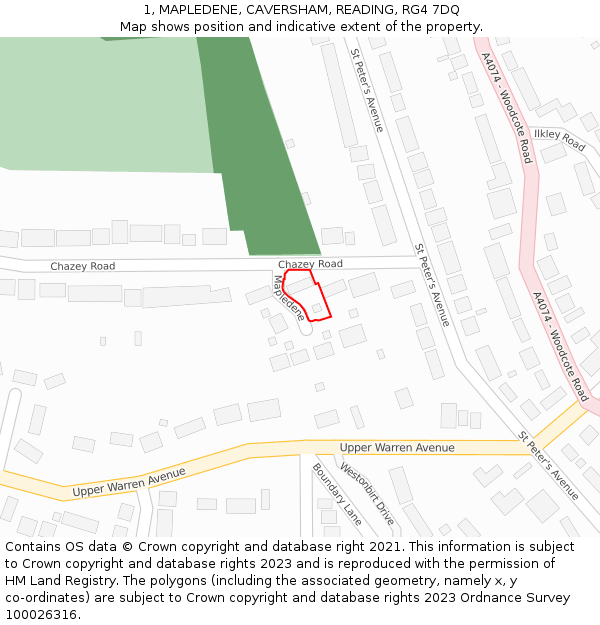 1, MAPLEDENE, CAVERSHAM, READING, RG4 7DQ: Location map and indicative extent of plot