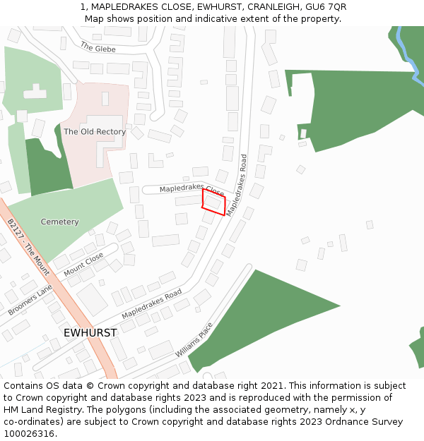 1, MAPLEDRAKES CLOSE, EWHURST, CRANLEIGH, GU6 7QR: Location map and indicative extent of plot