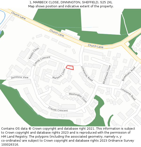 1, MARBECK CLOSE, DINNINGTON, SHEFFIELD, S25 2XL: Location map and indicative extent of plot